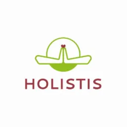 Logo firmy Holistis przedstawiające uproszczoną sylwetkę osoby w pozycji Namaste, z dłońmi złożonymi nad głową, tworzącymi serce, na tle zielonego okręgu.