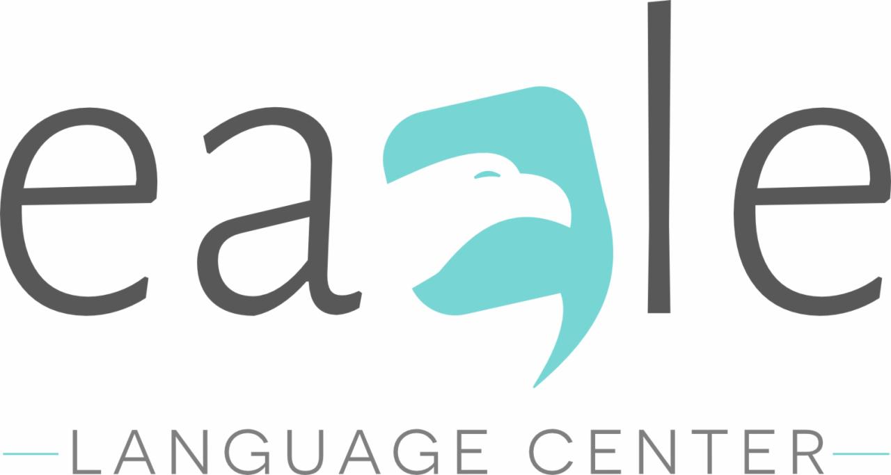 Logo Language Center z motywem orła w kolorze turkusowym, wpisanego w literę 'g' nazwy 'eagle', poniżej napis 'LANGUAGE CENTER' z poziomymi liniami po bokach.