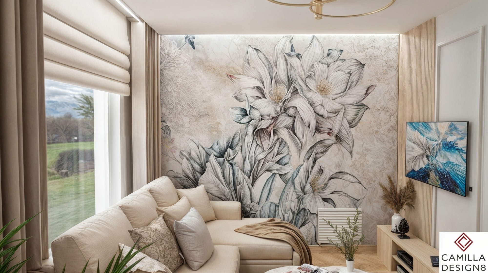 Jasny salon z narożną sofą, tapetą w kwiaty magnolii, telewizorem i roletami rzymskimi w oknie z widokiem na zielony krajobraz.