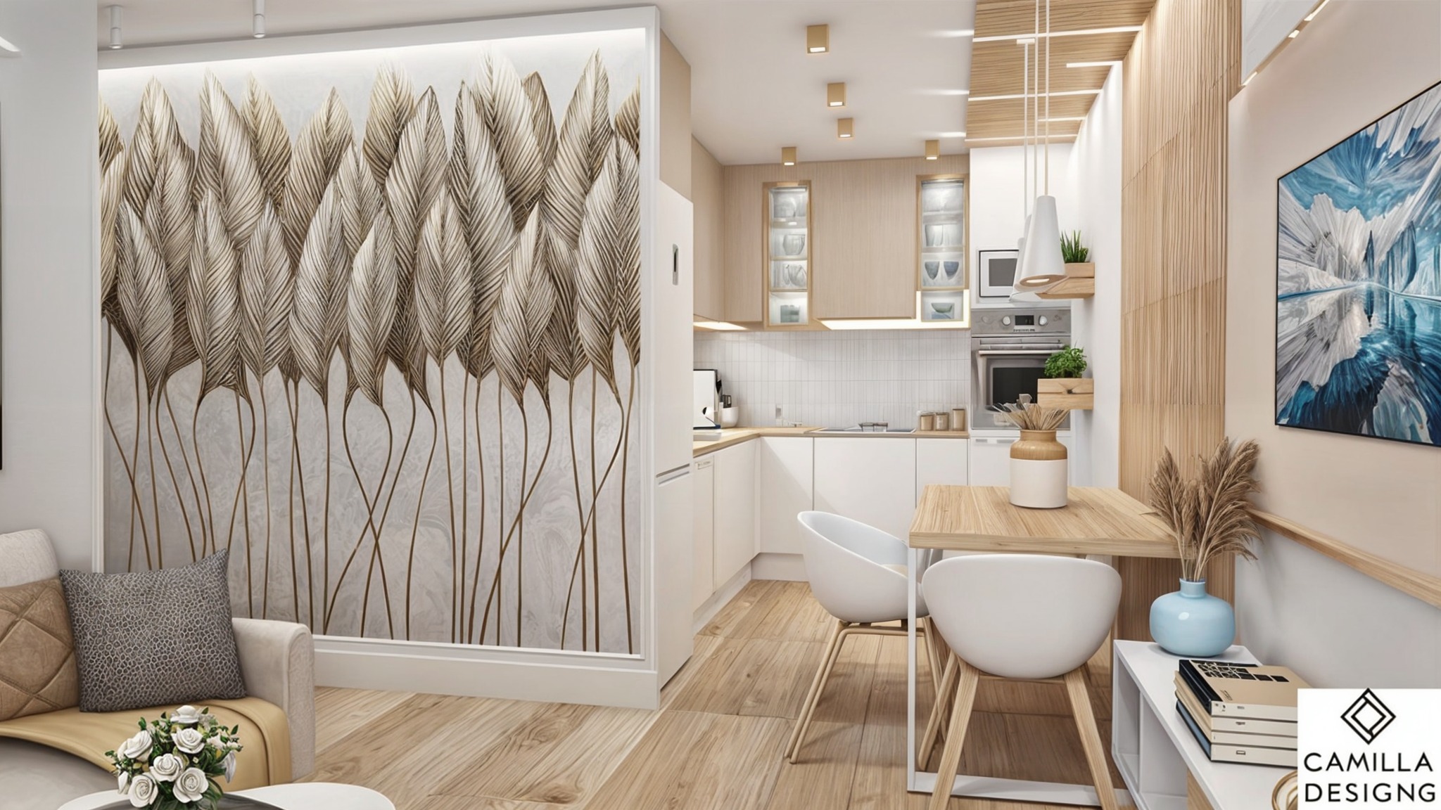 Jasne wnętrze mieszkania z otwartą kuchnią, drewnianą podłogą i ścianą z motywem piór, białe meble i krzesła, dekoracje z suszonych traw.