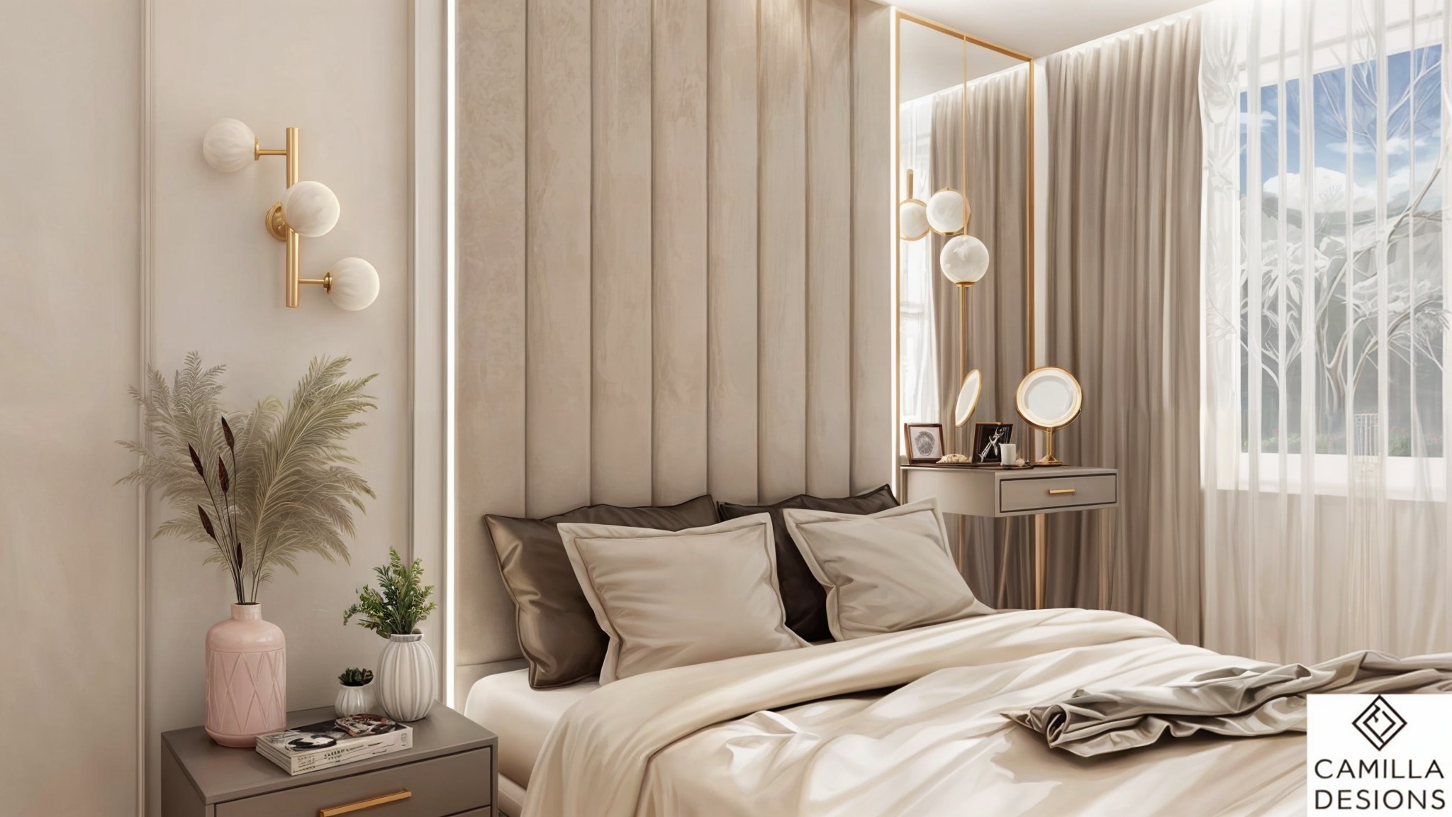 Elegancka sypialnia w odcieniach beżu z welurowym zagłówkiem, toaletką z lustrami i dekoracyjnym oświetleniem ściennym