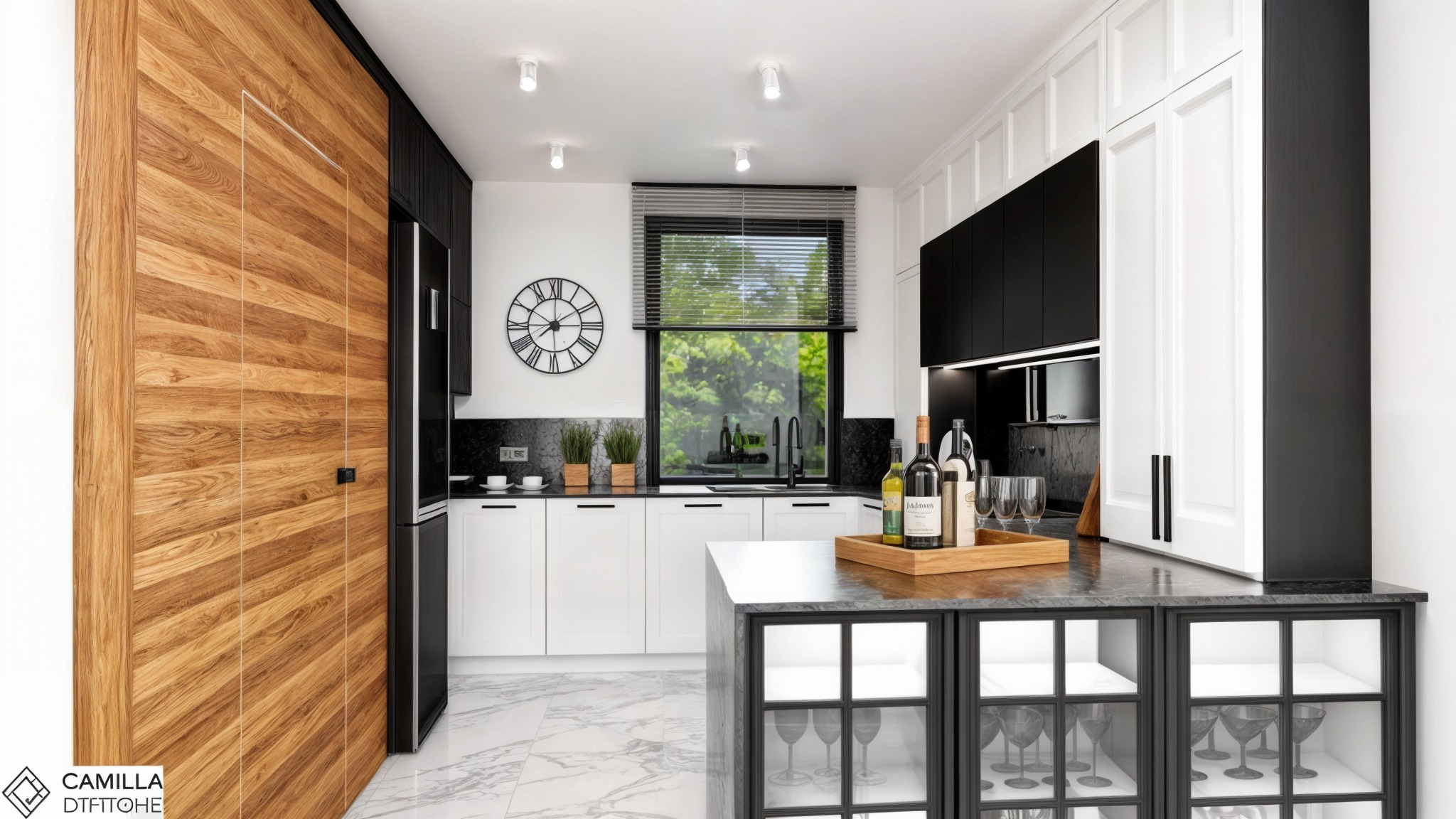 Nowoczesna kuchnia w bieli i czerni z drewnianą zabudową, marmurową podłogą i wyspą z przeszklonymi szafkami, na blacie butelki wina i kieliszki.