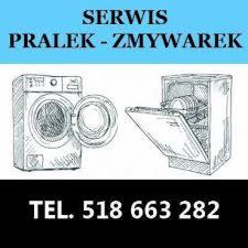 Szkic graficzny przedstawiający pralkę z otwartymi drzwiami i zmywarkę z otwartymi drzwiami, nad nimi napis 'SERWIS PRALEK - ZMYWAREK' na niebieskim tle, a pod spodem numer telefonu.