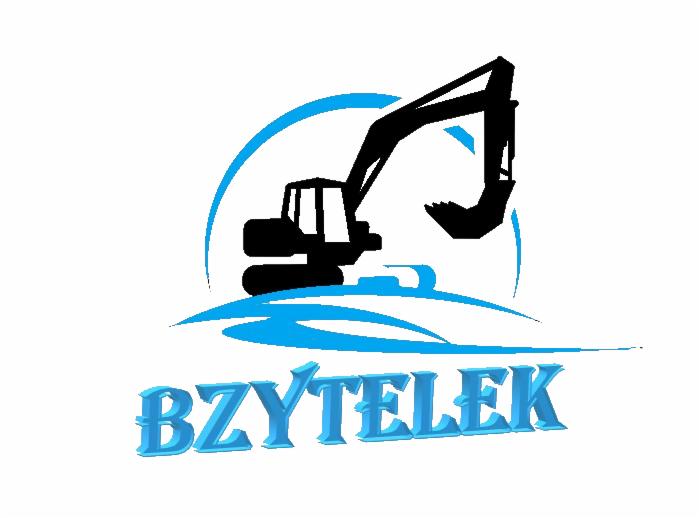 Logo firmy 'Bzytelek' z czarną sylwetką koparki na błękitnym tle. Stylizowany napis w błękitnych, trójwymiarowych literach.