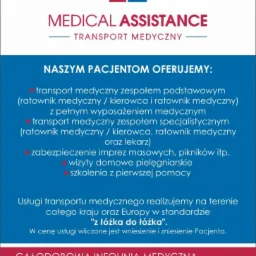 Grafika reklamowa firmy Medical Assistance oferującej transport medyczny, wizyty domowe pielęgniarskie i zabezpieczenie imprez masowych, z podanym numerem telefonu i adresem e-mail.