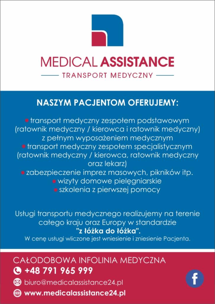 Grafika reklamowa firmy Medical Assistance oferującej transport medyczny, wizyty domowe pielęgniarskie i zabezpieczenie imprez masowych, z podanym numerem telefonu i adresem e-mail.