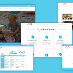 Zestawienie zrzutów ekranu strony internetowej przedszkola z elementami graficznymi, menu, aktualnościami i informacjami o rekrutacji oraz dwójką dzieci bawiących się zabawkami.