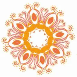 Pomarańczowo-różowy, symetryczny wzór mandali na białym tle, przypominający kwiat lub słońce, z drobnymi, zakręconymi elementami dekoracyjnymi.