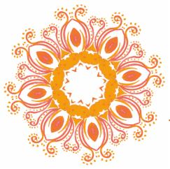 Pomarańczowo-różowy, symetryczny wzór mandali na białym tle, przypominający kwiat lub słońce, z drobnymi, zakręconymi elementami dekoracyjnymi.