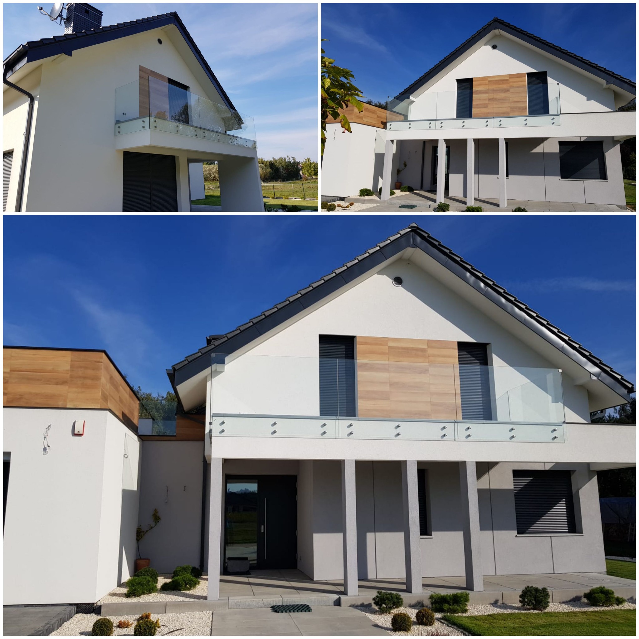 Nowoczesny dom jednorodzinny z balkonem zabezpieczonym szklaną balustradą mocowaną na rotulach, widok z zewnątrz w słoneczny dzień.