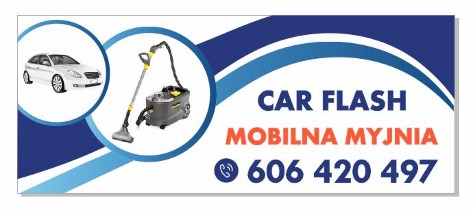 Grafika reklamowa mobilnej myjni samochodowej Car Flash z numerem telefonu, przedstawiająca samochód osobowy i odkurzacz piorący w okręgach na tle granatowo-błękitnych pasów.