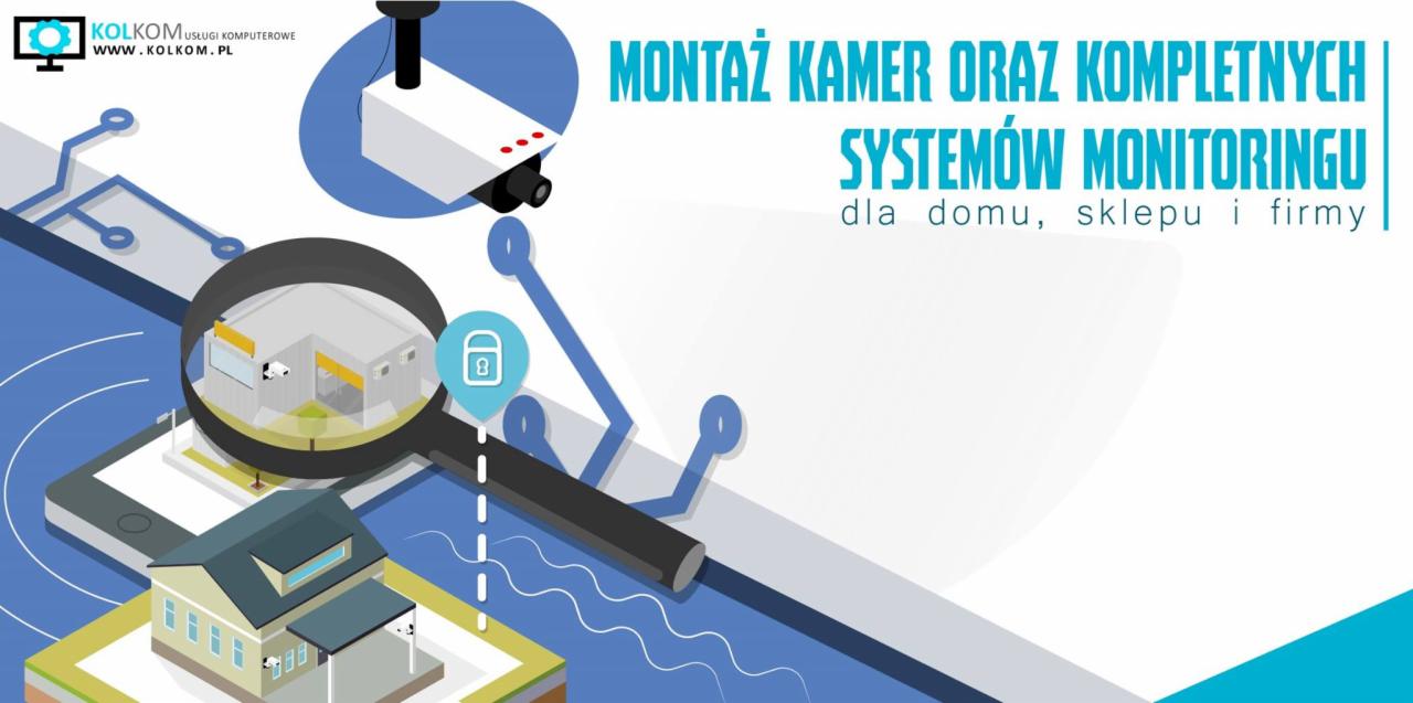 Grafika ilustrująca montaż systemów monitoringu dla domu, sklepu i firmy, prezentująca kamerę, dom oraz schemat połączeń w niebieskiej kolorystyce.