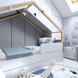 Qualita Interno Projektowanie pokoi dziecięcych online.
Mały pokoik dla chłopca na poddaszu ze skosami. Projekty aranżacje inspiracje