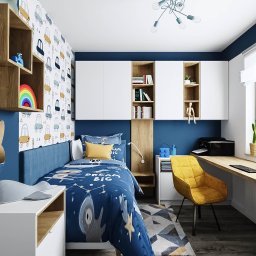 Nowoczesny mały pokój 9m2 dla chłopca w odcieniach niebieskiego