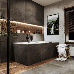 Łazienka z betonem strukturalnym, trendy aranżacje łazienki 2021, płytki do łazienki 2021, projekt łazienki online, lamele drewniane w łazience