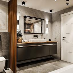 Łazienka z betonem strukturalnym, trendy aranżacje łazienki 2021, płytki do łazienki 2021, projekt łazienki online, lamele drewniane w łazience