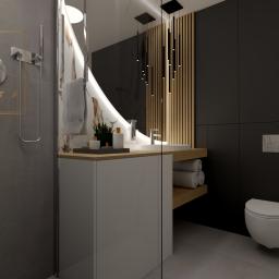 Projekt Łazienki online, projektant łazienek online, nowoczesne aranżacje łazienki online, nowoczesne wizualizacje łazienki online, mała łazienka z pralką slim i suszarką, lustro półokrągłe w łazience
