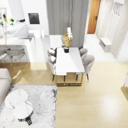 Wizualizacja wnętrza: salon z aneksem kuchennym, biała sofa, stoliki kawowe z marmurowym blatem, stół jadalny z krzesłami, barek z hokerami na złotych nogach, logo Qualita Interno w lewym górnym rogu.