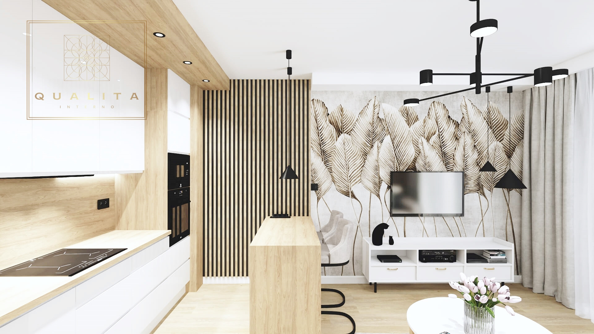 Wnętrze mieszkania w stylu nowoczesnym z elementami drewna, widok na kuchnię z wyspą i salon z dekoracyjną tapetą w liście, czarne lampy wiszące.