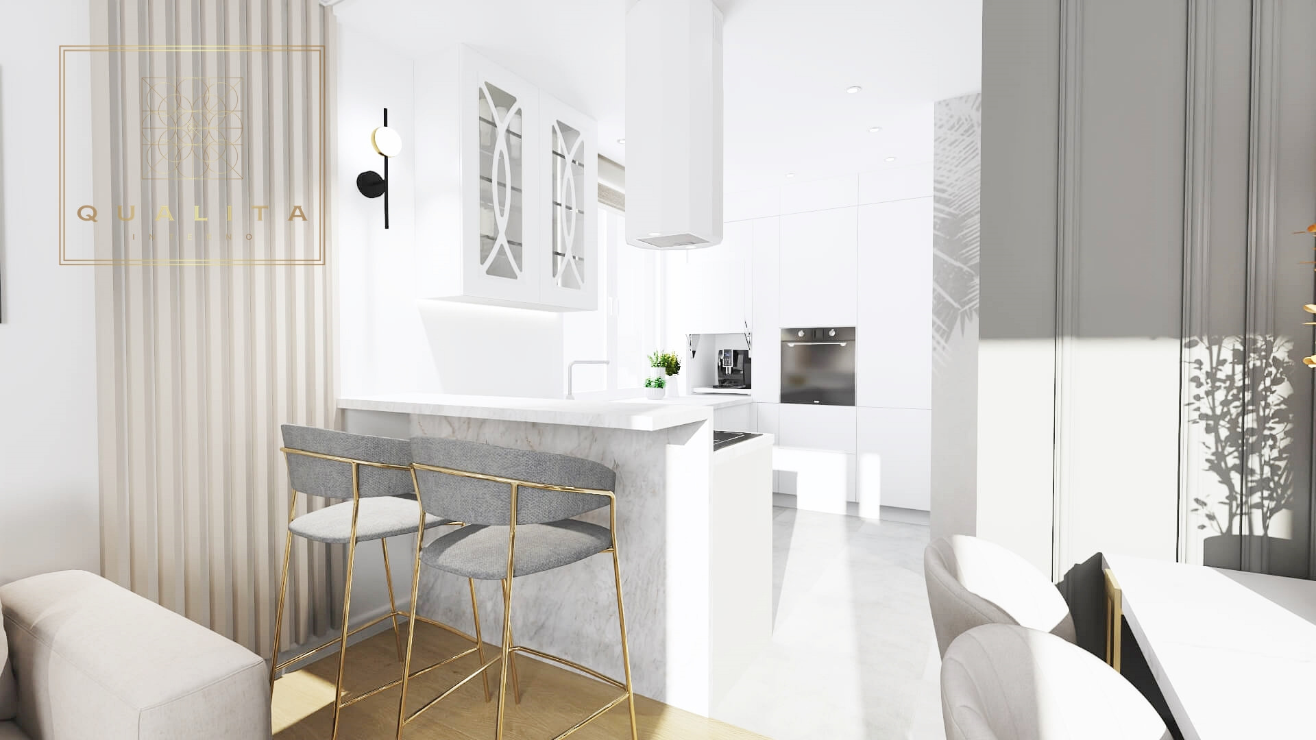 Wizualizacja wnętrza: biała kuchnia z marmurowym blatem, hokerami z szarym siedziskiem i złotymi nogami, logo firmy Qualita Interno widoczne w lewym górnym rogu.
