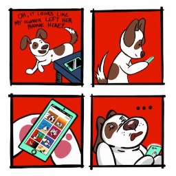 Nelis - Czteropanelowy komiks: pies znajduje telefon właściciela, przegląda zdjęcia innych psów, a następnie robi sobie selfie z zamyśloną miną.