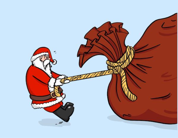 Kreskówkowy Święty Mikołaj z wysiłkiem ciągnie liną ogromny, brązowy worek prezentów zawiązany grubym sznurem na jasnoniebieskim tle.