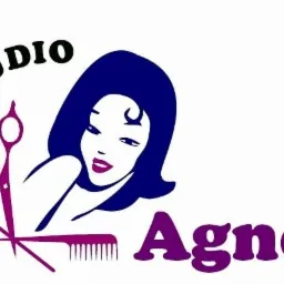 Ilustracja logo: stylizowana kobieta z ciemnymi włosami, nożyczki, pędzel do makijażu i fioletowy grzebień na białym tle, nazwa 'BIO STUDIO Agnes'.