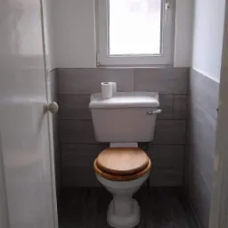 Kompaktowa toaleta z drewnianą deską sedesową i szarą glazurą, z rolką papieru toaletowego na zbiorniku, oświetlona przez małe okno.