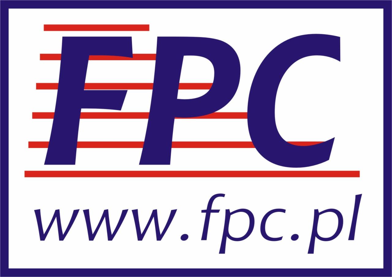 Logo firmy FPC z napisem www.fpc.pl, granatowe litery i czerwone paski na białym tle, obramowane granatową ramką.