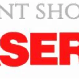 Logo firmy drukarskiej Laser Plus z szarym słoniem i napisem PRINT SHOP w tle.