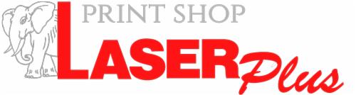 Logo firmy drukarskiej Laser Plus z szarym słoniem i napisem PRINT SHOP w tle.