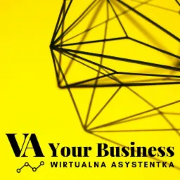 Logo firmy 'VA Your Business Wirtualna Asystentka' na jaskrawożółtym tle z geometrycznym wzorem w tle, wykonane w stylu minimalistycznym.