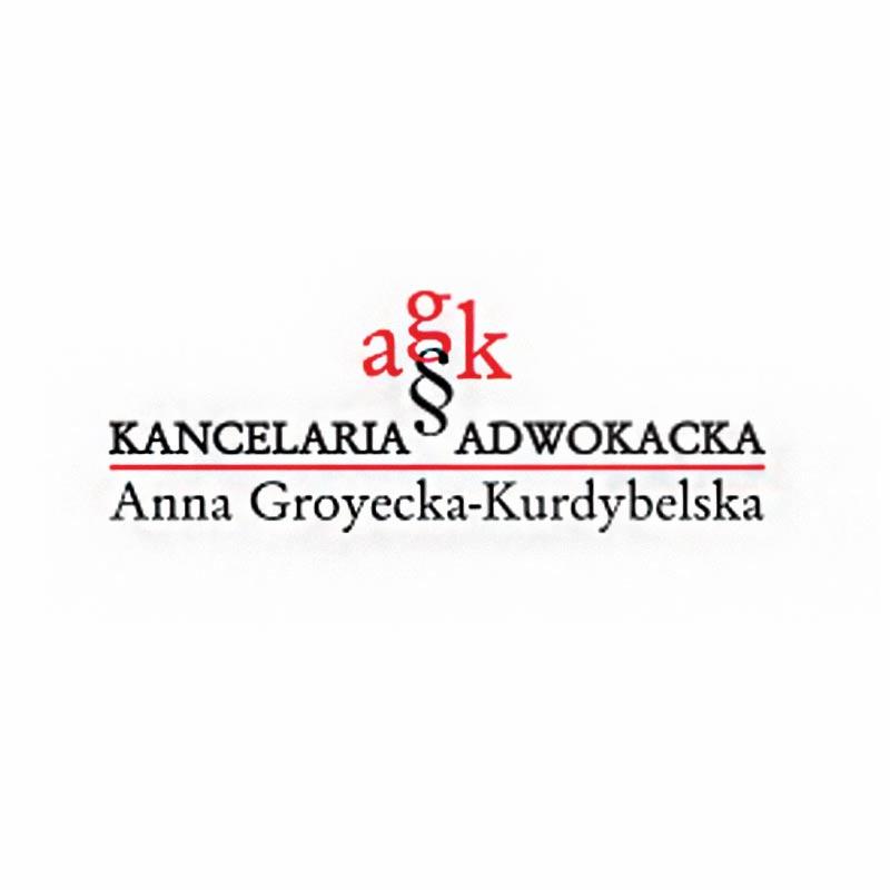 Logo Kancelarii Adwokackiej Anny Groyeckiej-Kurdybelskiej z czerwonym symbolem paragrafu i inicjałami 'aśk' nad nazwą kancelarii.