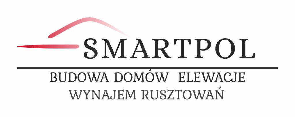 Logo firmy SMARTPOL z czerwonym elementem graficznym przypominającym zarys dachu, pod którym znajduje się napis 'BUDOWA DOMÓW ELEWACJE WYNAJEM RUSZTOWAŃ'.