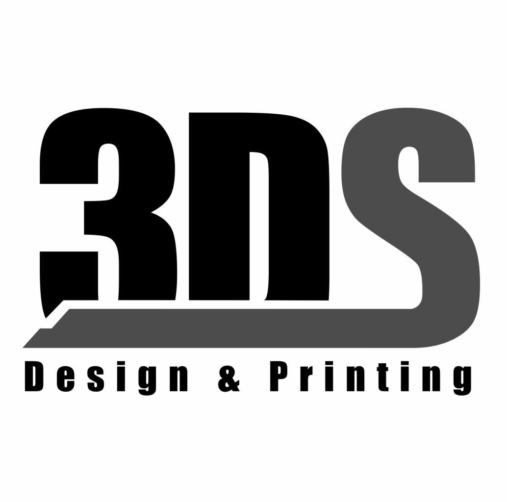 Logo firmy 3DS Design & Printing w czerni i szarości na białym tle. Nazwa firmy dużą czcionką, pod nią napis 'Design & Printing'.
