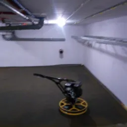 Wnętrze z szarą, mokrą posadzką w trakcie wygładzania za pomocą zacieraczki mechanicznej z żółtą tarczą. Na ścianach widoczne rury i kable.