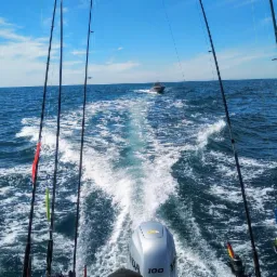 Łódź motorowa podczas rejsu po morzu, widok z tyłu z wędkami po bokach. Za nią widać ślad piany na wodzie i oddalającą się inną łódź. Błękitne niebo.