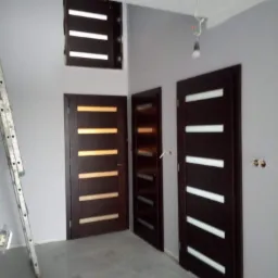 Wnętrze w trakcie wykańczania: trzy ciemne skrzydła drzwiowe z poziomymi, jasnymi przeszkleniami, drabina malarska oparta o ścianę, surowy beton na podłodze.