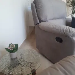 Jasnoszary fotel relaksacyjny z poduszką, obok okrągły stolik z ażurowym blatem i doniczką z drobnymi różowymi kwiatami, w tle roślina doniczkowa.