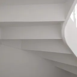 Biała, pomalowana klatka schodowa z drewnianą balustradą, widok z dołu, minimalistyczny design.