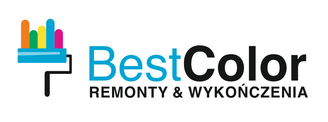 Logo firmy remontowo-wykończeniowej BestColor, przedstawiające wałek malarski w kolorze niebieskim z kolorowymi paskami symbolizującymi farby: pomarańczową, zieloną, żółtą i różową, obok nazwa...