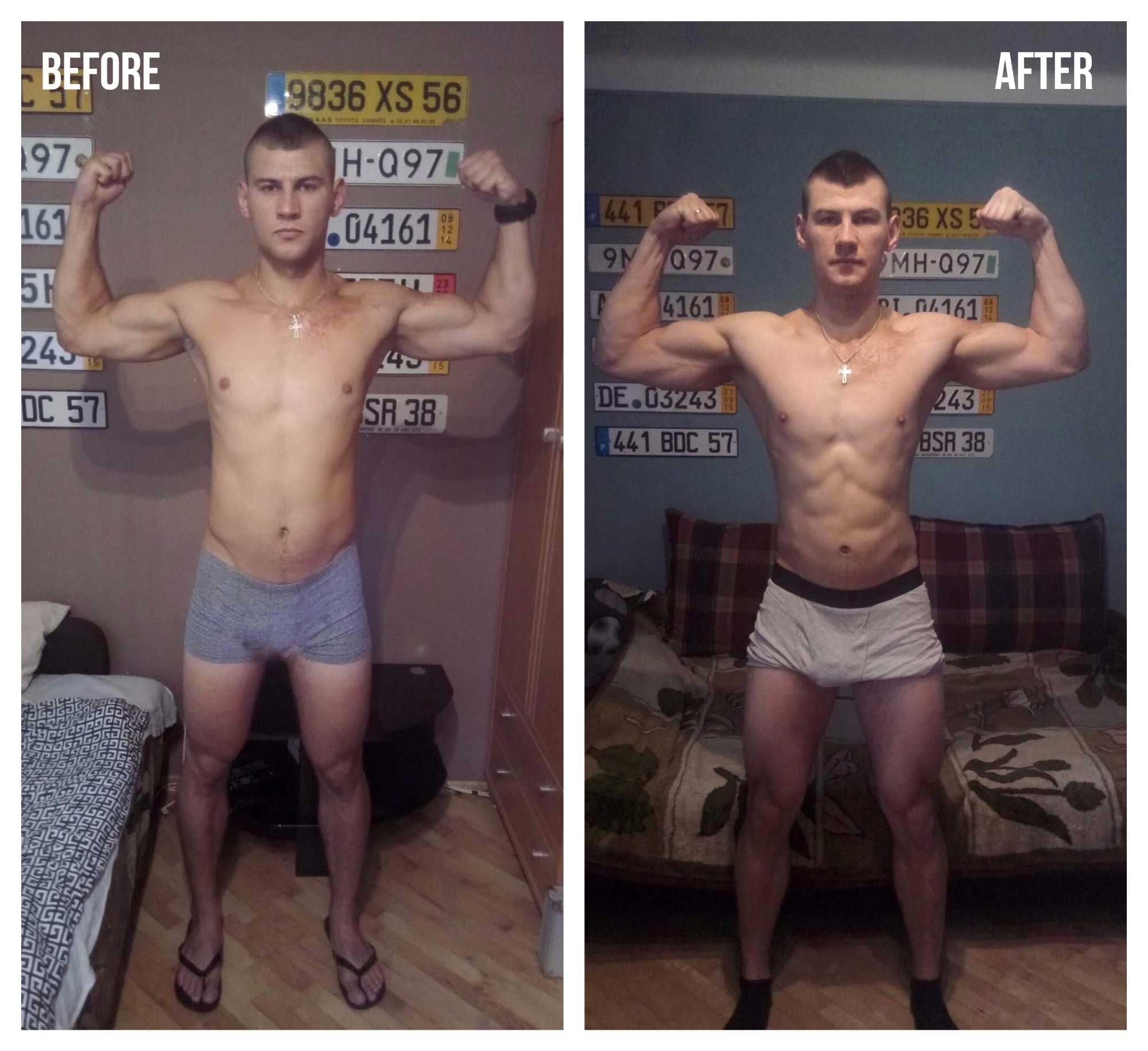 Mężczyzna prezentuje swoją transformację sylwetki, porównanie 'przed' i 'po', z widoczną poprawą muskulatury i redukcją tkanki tłuszczowej, na tle ściany z tablicami rejestracyjnymi.