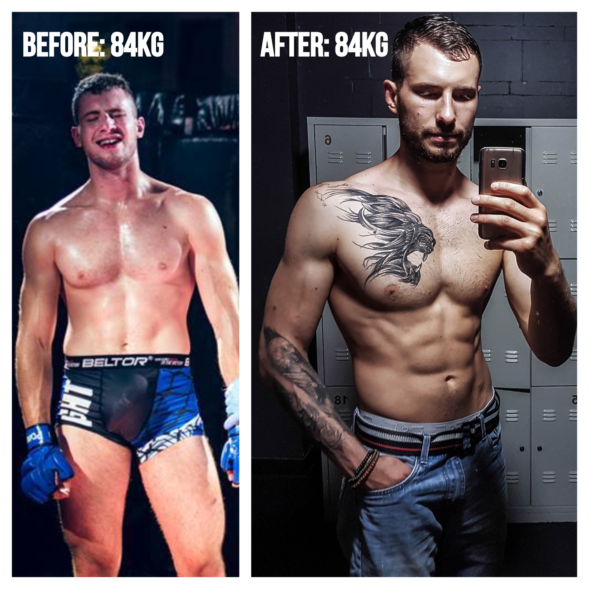 Mężczyzna prezentujący transformację sylwetki: po lewej stronie w stroju sportowym i rękawicach, po prawej w jeansach i z tatuażem lwa na klatce piersiowej robiący selfie w szatni.
