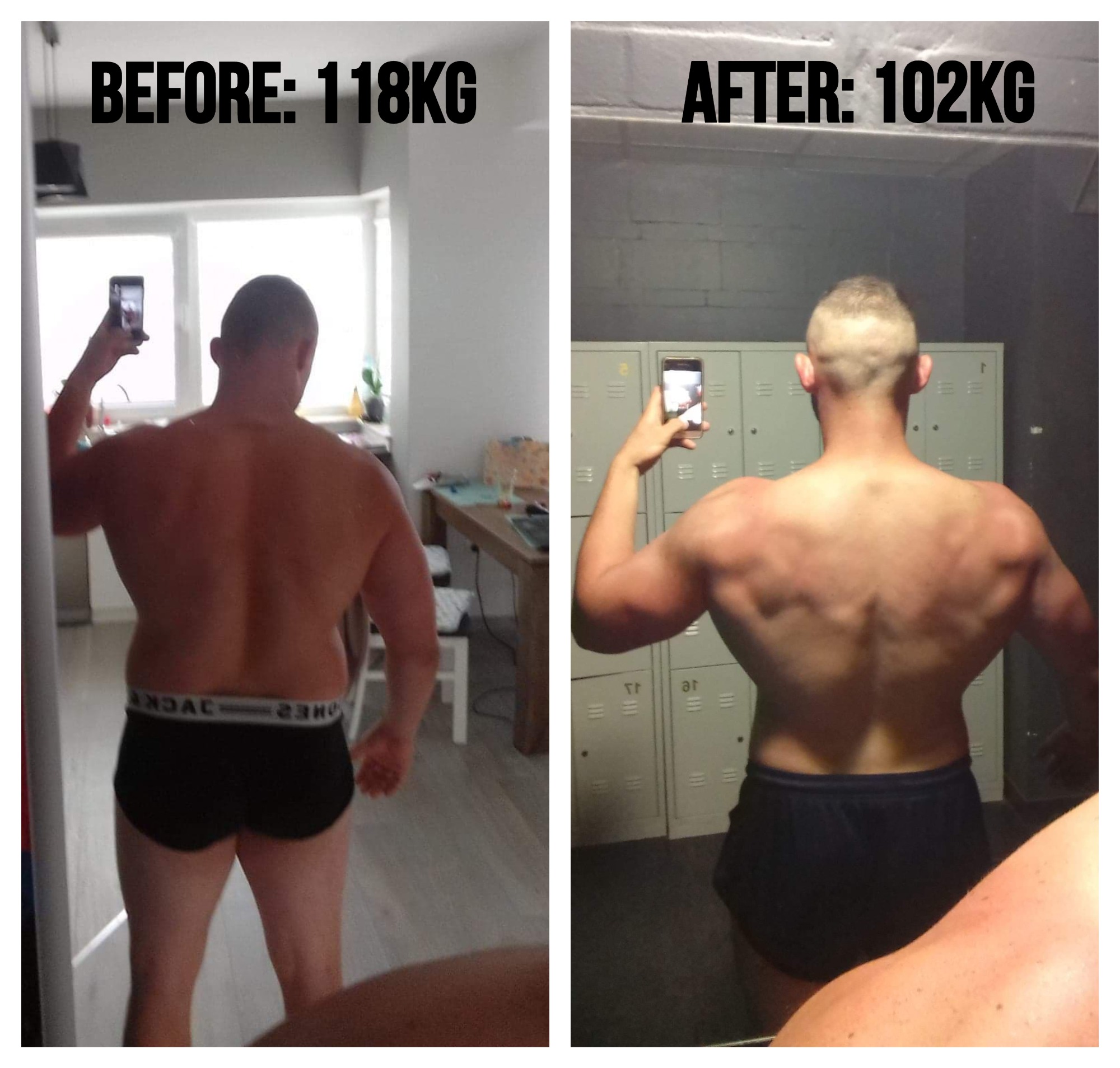 Porównanie sylwetki mężczyzny przed i po redukcji wagi: od 118kg do 102kg, widok z tyłu, zdjęcia wykonane telefonem w lustrze, po prawej stronie szatnia z szafkami.