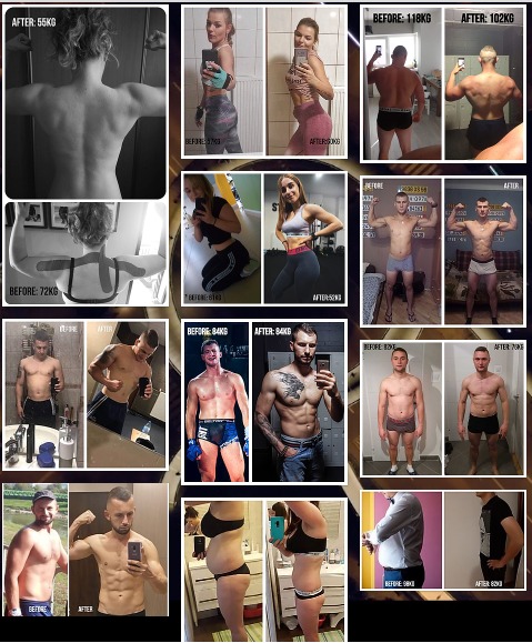 Kolaż zdjęć prezentujący metamorfozy sylwetek przed i po, z widocznymi zmianami w wadze i definicji mięśni, ukazujący efekty treningów i diety.