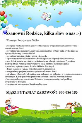 Ogłoszenie żłobka w Siemianowicach Śląskich z informacjami dla rodziców, ozdobione kolorowymi grafikami i balonami.