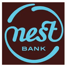 Logo Nest Bank w kolorach turkusowym i brązowym, z napisem 'nest' w ozdobnej czcionce i 'BANK' poniżej, otoczone turkusowym okręgiem z przerwami.