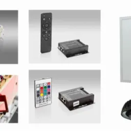 Kompozycja produktowa: budynek firmy oświetleniowej, taśma LED, piloty sterujące, zasilacze i panele.