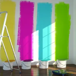 Świeżo pomalowana ściana z próbkami kolorów: niebieski, żółty, różowy, turkusowy i zielony. Aluminiowa drabina oparta o ścianę, obok wiaderka z farbami i kuweta z wałkiem w rogu pokoju z drewnianą...