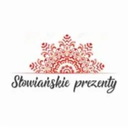 Logo firmy 'Słowiańskie Prezenty' z dekoracyjnym, czerwonym ornamentem w stylu ludowym nad nazwą.